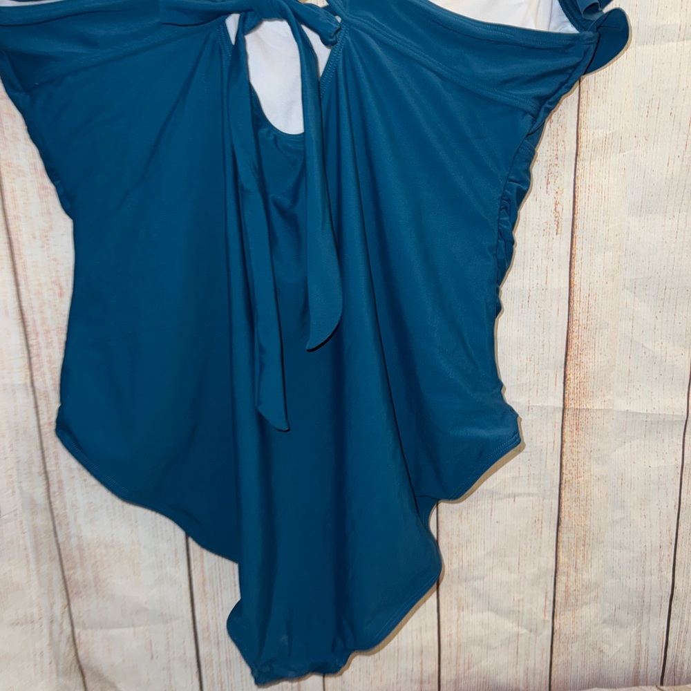 Teal Ruffle-Shoulder One-Piece Swimsuit with Crisscross Back  ruched sides 2XL - Picture 5 of 8